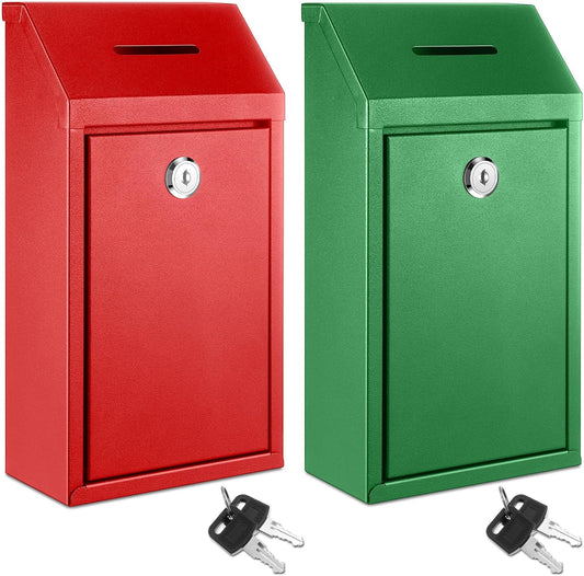 2 Pack Metal Suggestion Boxes with Lock Keys Ballot Donation Boxes with Slot for Fundraising Wall Mounted Mailbox Delivery Container for Home Office Outdoor Door, 10.2x5.7x2.95in(Red, Green)