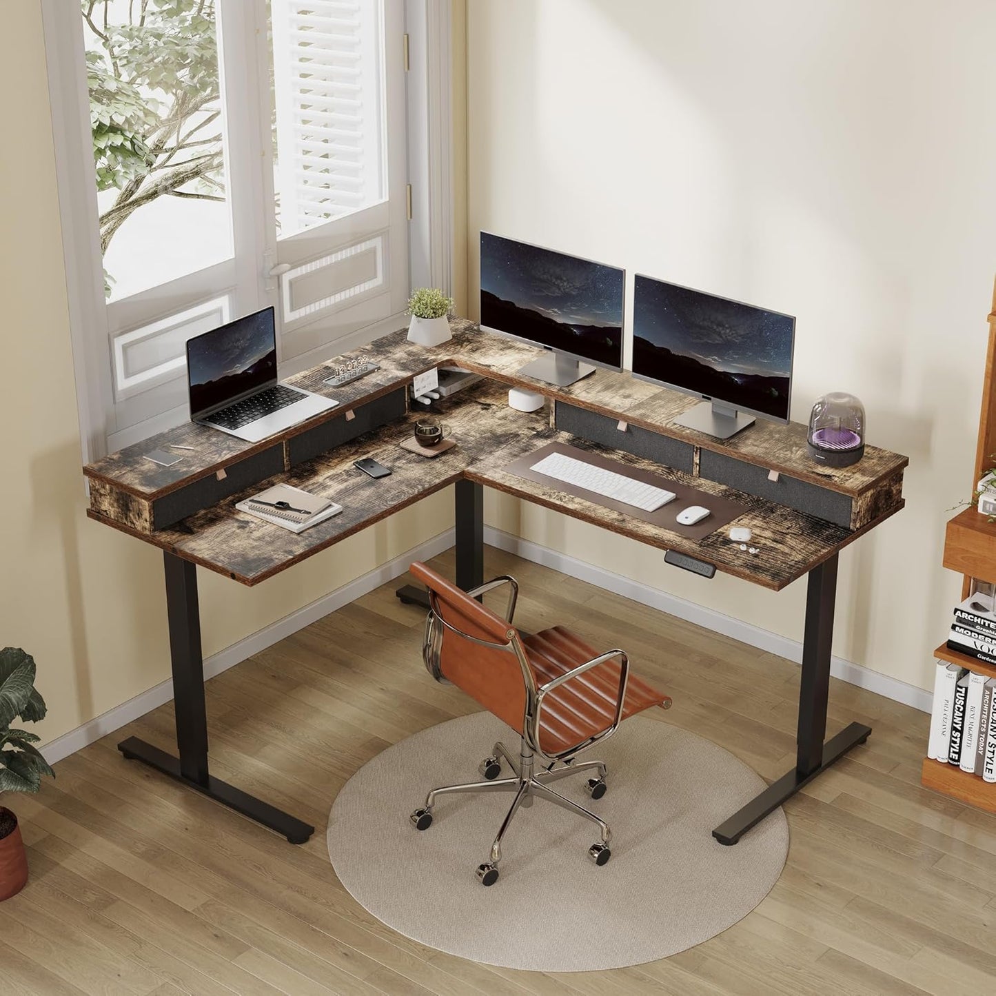 FLEXISPOT 63" L Shaped Standing Desk Electric Corner Table with Shelf, 4 Storage Drawers, Adjustable Computer Workstation for Home, Office, Game, Studio, Rustic Brown Top + Black Frame