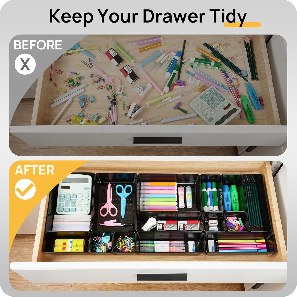 Vtopmart 25 PCS Office Desk Drawer Organizers Set, 4-Size Versatile Plastic Drawer Organizer Trays, Storage Bins for Desk Accessories Office Organizers and Storage, Bathroom, Makeup, Vanity, Black