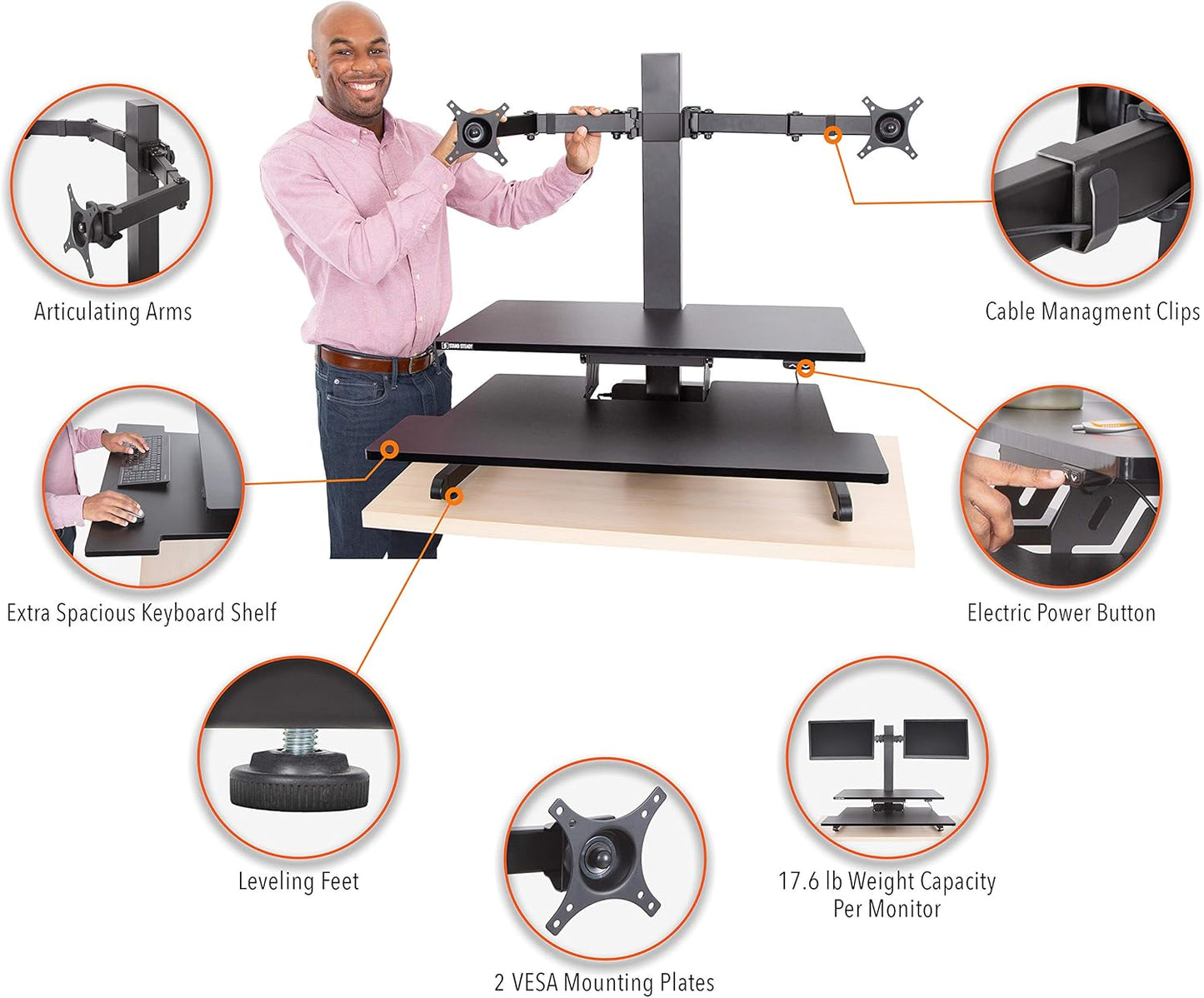 Stand Steady Techtonic Electric Standing Desk Converter wIth Dual Monitor Mount, 2 Screen Support, Quiet Sit-Stand Desk with Button Control, Keyboard Tray, Ideal for Gaming & Computer Work (Black)