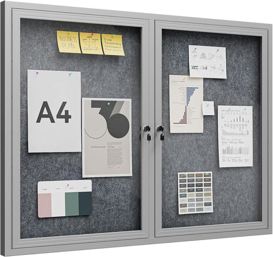 48"x36" Lockable Enclosed Bulletin Board, Outdoor Flet Weather-Resistant Aluminum Frame Notice Board, Wall Mounted Display Case Acrylic Doors for School,Office,Silver Frame w/Grey Flet
