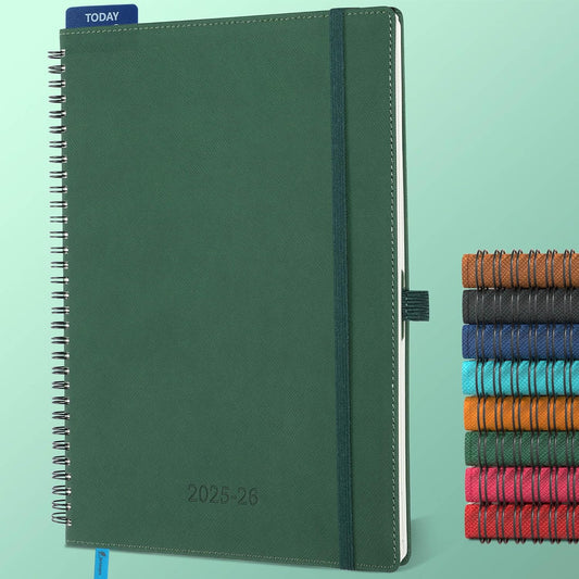 Planner 2025-2026 Daily Weekly and Monthly,11.5"x8.5",18 Months Spiral Bound Calendar Agenda with Self-adhesive Pen Holder,2026 Academic Plan with Vegan Leather Soft Cover,Green