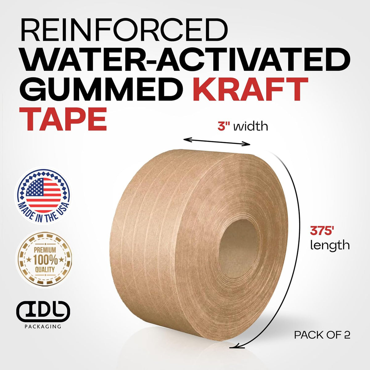 IDL Packaging 3" x 375 feet Reinforced Water-Activated Kraft Gummed Tape 70lb Thickness (Pack of 2) - Secure Paper Packing Tape for Secure Carton Sealing - Heavy-Duty for All Conditions, Brown