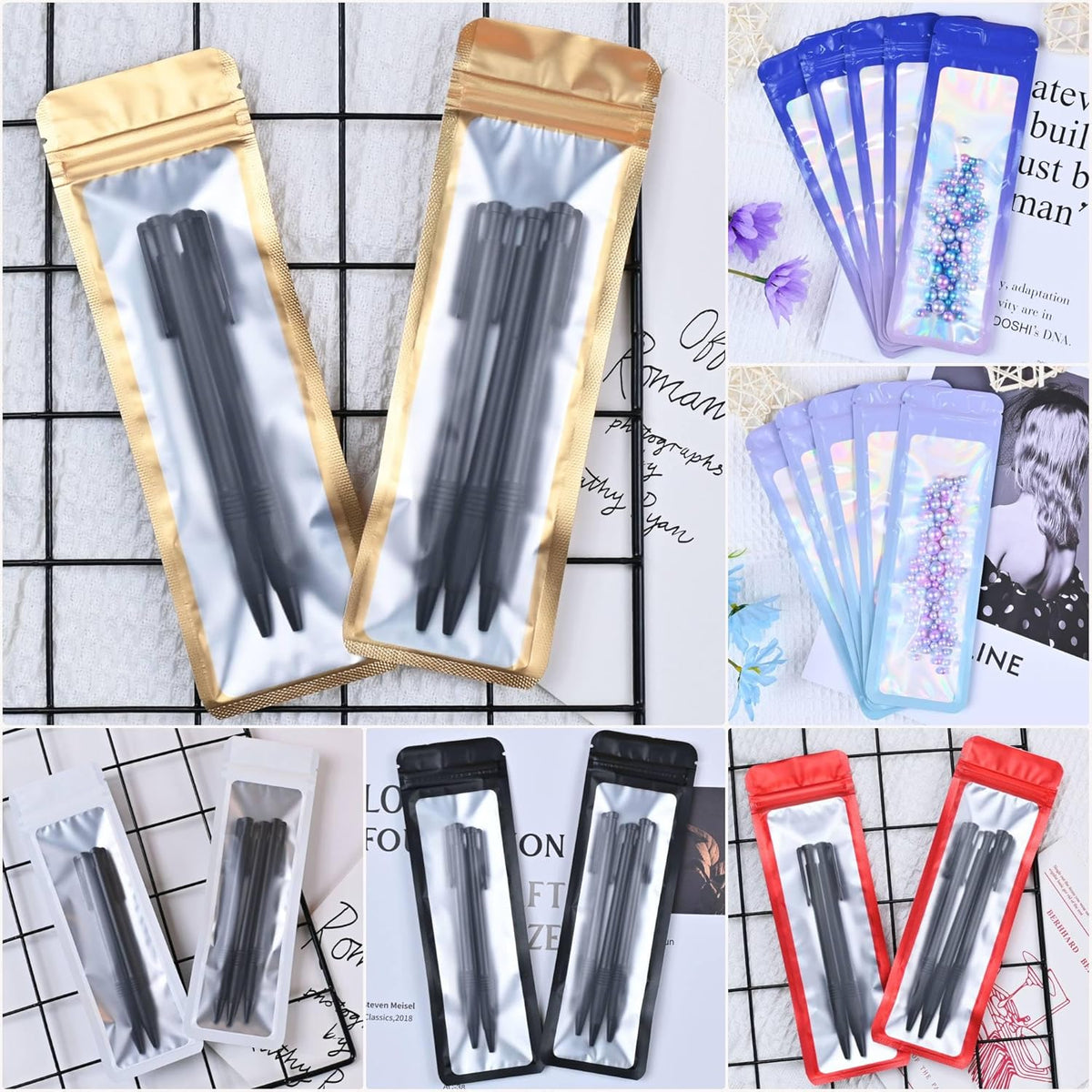 Resealable Mylar Pouch Pen Bags Great for Office Home Party Favor Food Storage Cookies Sample Jewelry Snack (100PCS, Holographic Color, 2.7 x 9 inch)