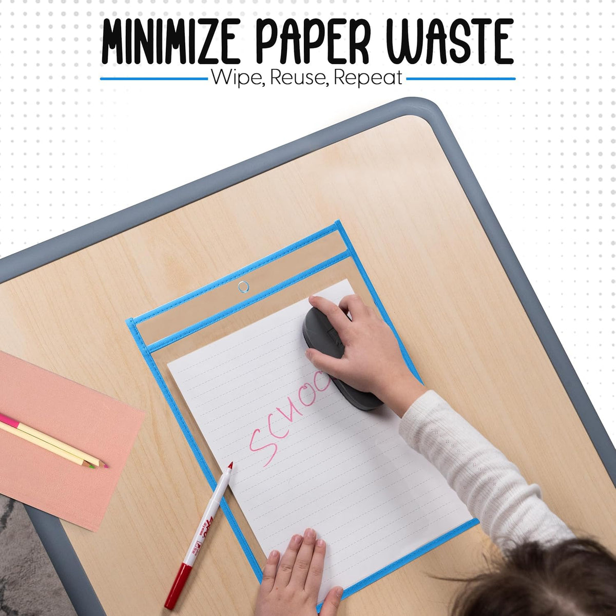 Essex Wares - 6 Pack, Sky Blue, Water-Resistant Dry Erase Pocket Document Protectors, 10" Wide x 13.5" Tall - Dry Erase Clear Plastic Sleeves - Reusable & Easy Erase Plastic Invoice Holders