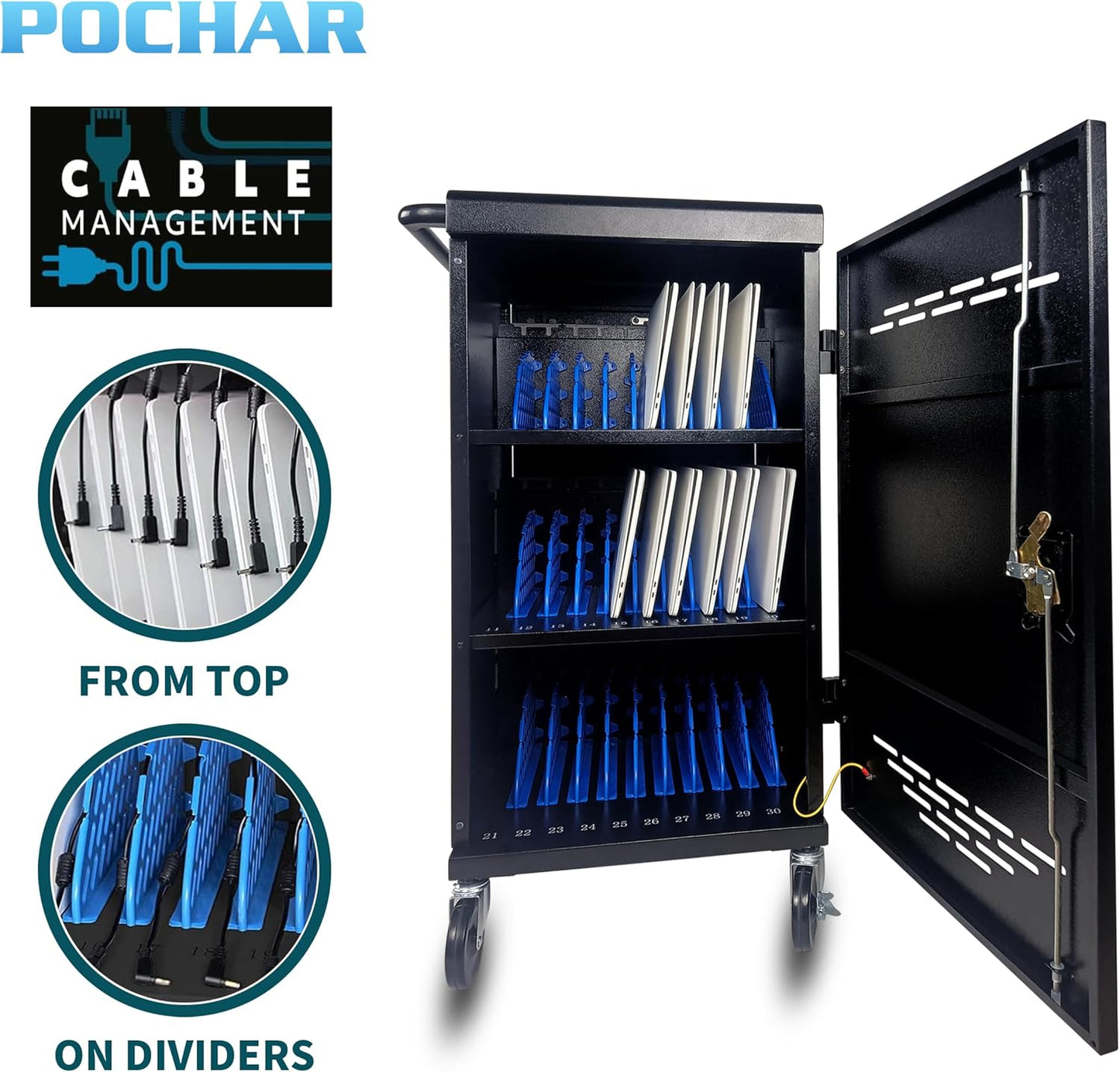 POCHAR 30 Unit Device Charging Station for Chromebook, iPad, 14'' Laptop - Charging Cart with Charger Cable Management, Circuit Breaker, Grounding Protection, Assembly Required