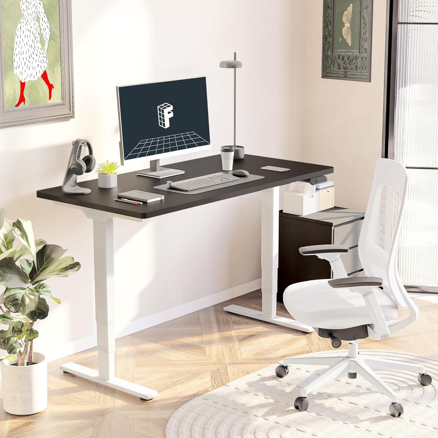 FLEXISPOT E6 Essential Standing Desk 3 Stages Dual Motor Electric 60x24 Inch Whole-Piece Board Height Adjustable Electric Sit Stand Desk(White Frame + Black Desktop, 2 Packages)