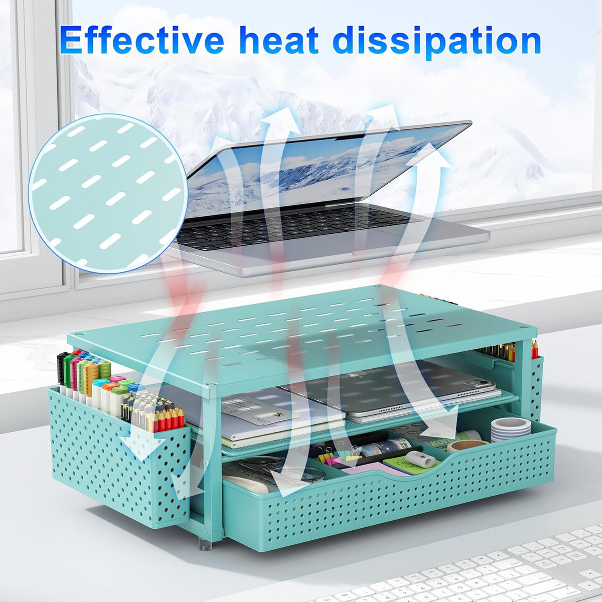 gianotter Desk Organizers and Accessories, Monitor Stand with Drawer and 2 Pen Holder, Desktop Organizer Suitable for Offices and Dormitories (Blue)