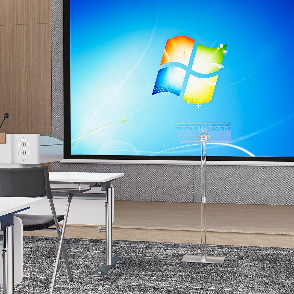 HMYHUM Small Acrylic Podium Stand, Angle Adjustable, 17.7" L x 13" W x 42.3" H, Modern Lecterns & Pulpits for Classroom, Concert, Church, Speech, Easy Assembly, Metal Base, Clear