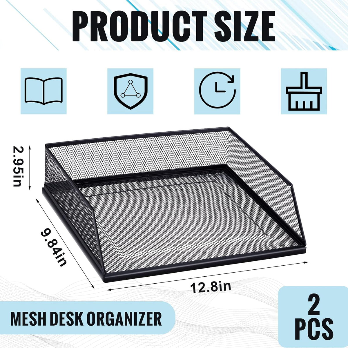 Hicarer 2 Pcs Black Metal Letter Tray Stackable Desk Tray Single Wire Mesh Organizer Front Load File Paper Holder for Desktop Office Home School Classroom (9.84 x 12.8 Inch)