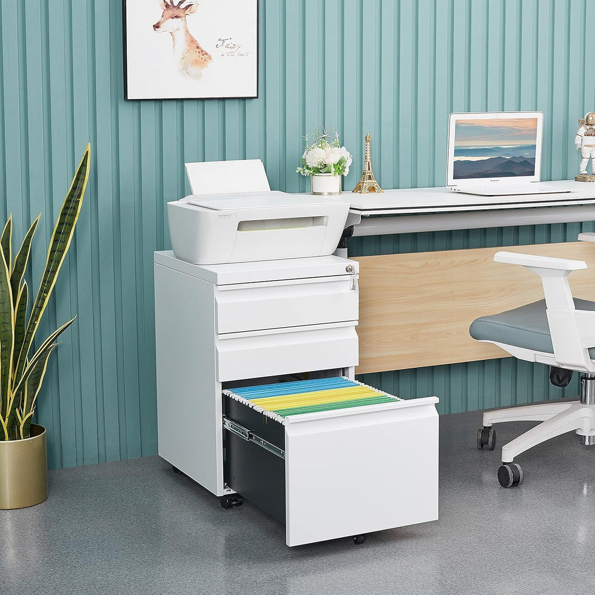 3 Drawer File Cabinet with Lock, File Cabinets for Home Office,Under Desk Cabinet, Locking File Cabinet for A4/Letter/Legal, Fully Assembled Expect Casters, Matte White