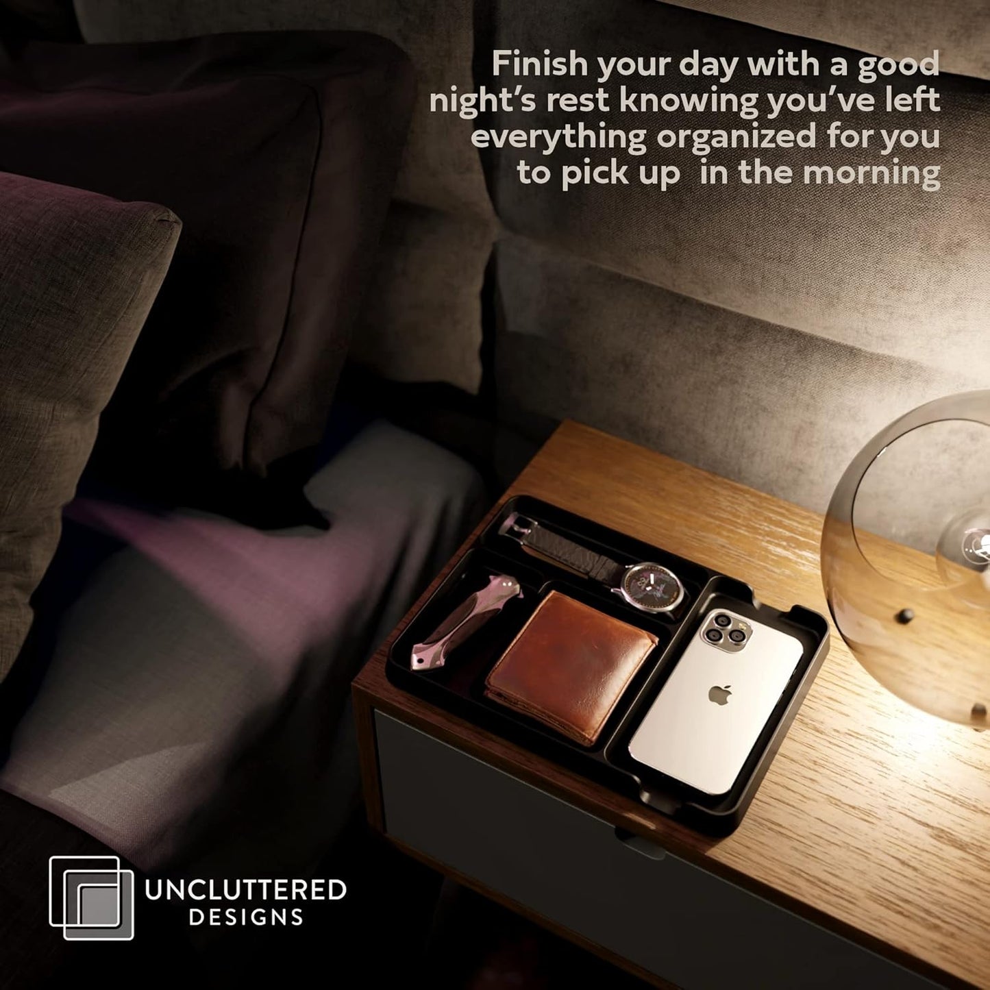 Pocket Deck Valet Tray (Black) for Men. Everyday Carry EDC Caddy Bamboo Organizer. Perfect for Night Stand, Bedside, Dresser, Desk, Office, Bedroom. with Phone Charger. Storage Slots for Wallet, Keys