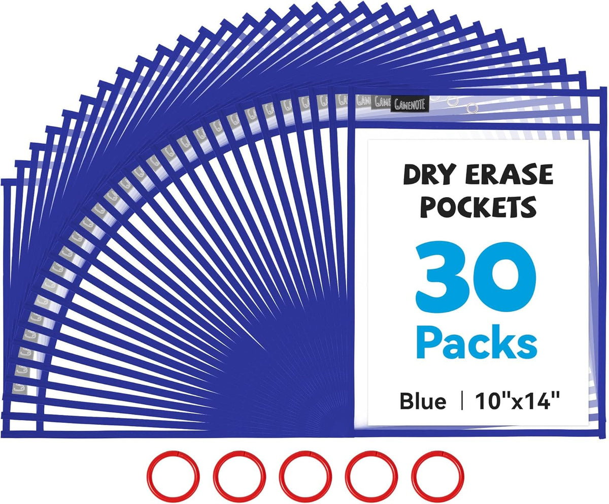 Gamenote Dry Erase Pockets 30 Pack with Rings - Oversized Reusable Plastic Sleeves Shop Ticket Holders Sheet Protectors Teacher Supplies for Classroom Organization (Blue)