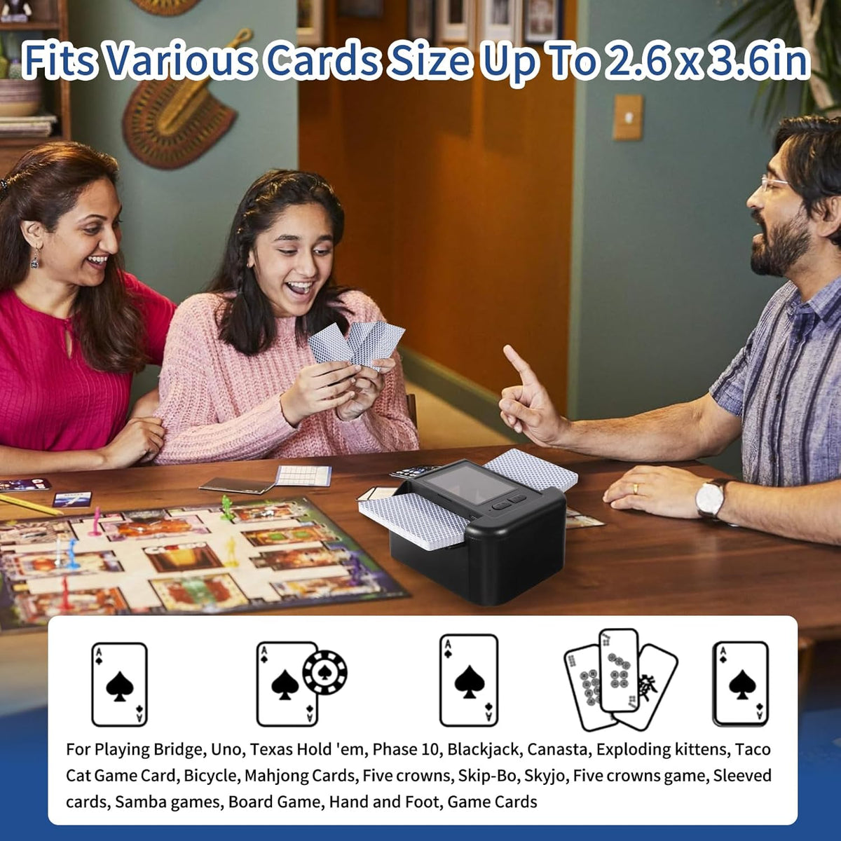 Rechargeable Automatic Card Shuffler for 2 Decks, 2000 mAh Built in Battery USB-C Charge, Low Noise Fast Shuffle, Smart Auto Shuffler for UNO Poker Blackjack Skip-Bo Texas Hold'em Canasta Skyjo(Black)