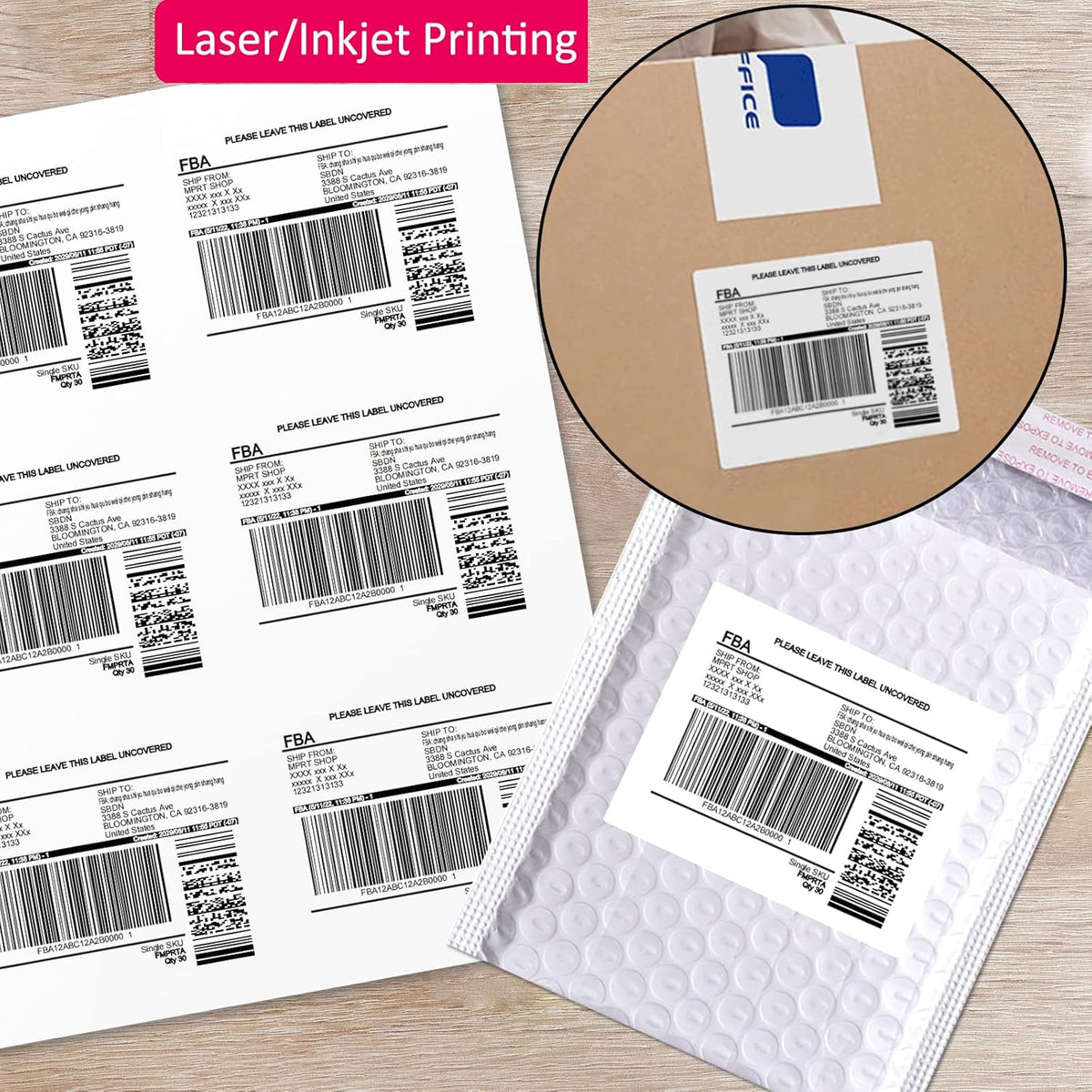 3-1/3" x 4" Shipping Address Labels 300 Label Stickers Paper for Laser/Inkjet Printer 6 per Page Printable Mailing Labels, FBA Box Labels - Matte, 50 Sheets