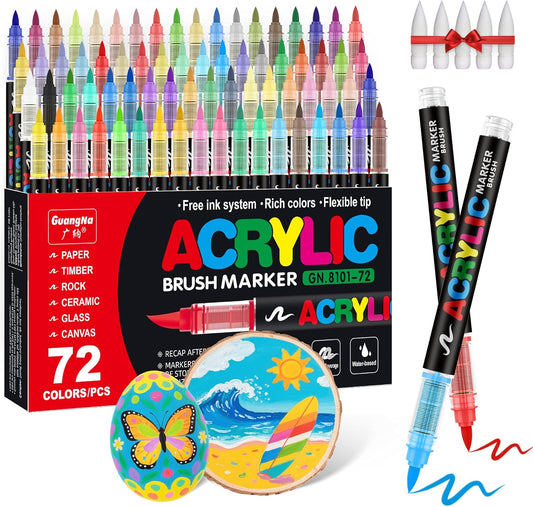 Guangna Acrylic Paint Markers Brush Tip, 72 Vivid Colors with Direct-Liquid Ink Control System, Professional-Grade Paint Pen for Rock Painting, Canvas, Glass, Plastic, Fabric & Creative Crafts