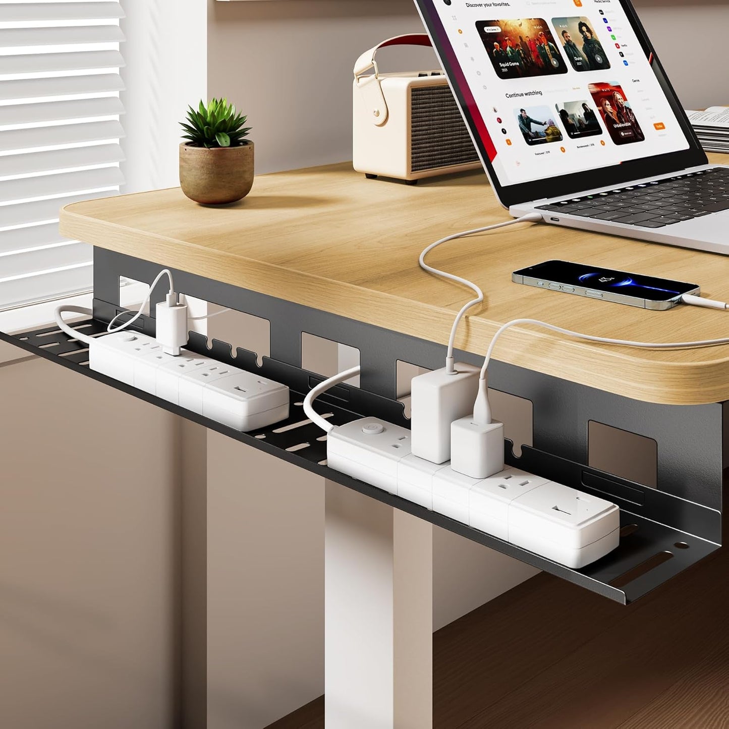 Under Desk Cable Management Tray, 31.5 Inches Metal Cord Organizer Rack, Desk Tray for Power Strip, Cord, Wire, Easy Mounting Cable Management Under Table for Home Office, Black