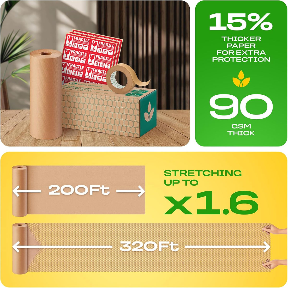 Honeycomb Packing Paper | Extra Thick 90 GSM Packing Wrap | Biodegradable Packing Materials: 12” x 200’ Moving Paper + 195’ Cellulose Adhesive Tape + 30 Fragile Stickers | Paper Bubble Wrap