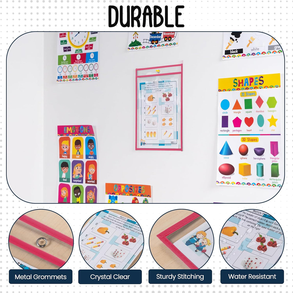 Essex Wares - 6 Pack, Hot Pink, Durable Water-Resistant Dry Erase Pocket Document Protectors, 10" Wide x 13.5" Tall - Dry Erase Clear Plastic Sleeves - Reusable & Easy Erase Plastic Invoice Holders
