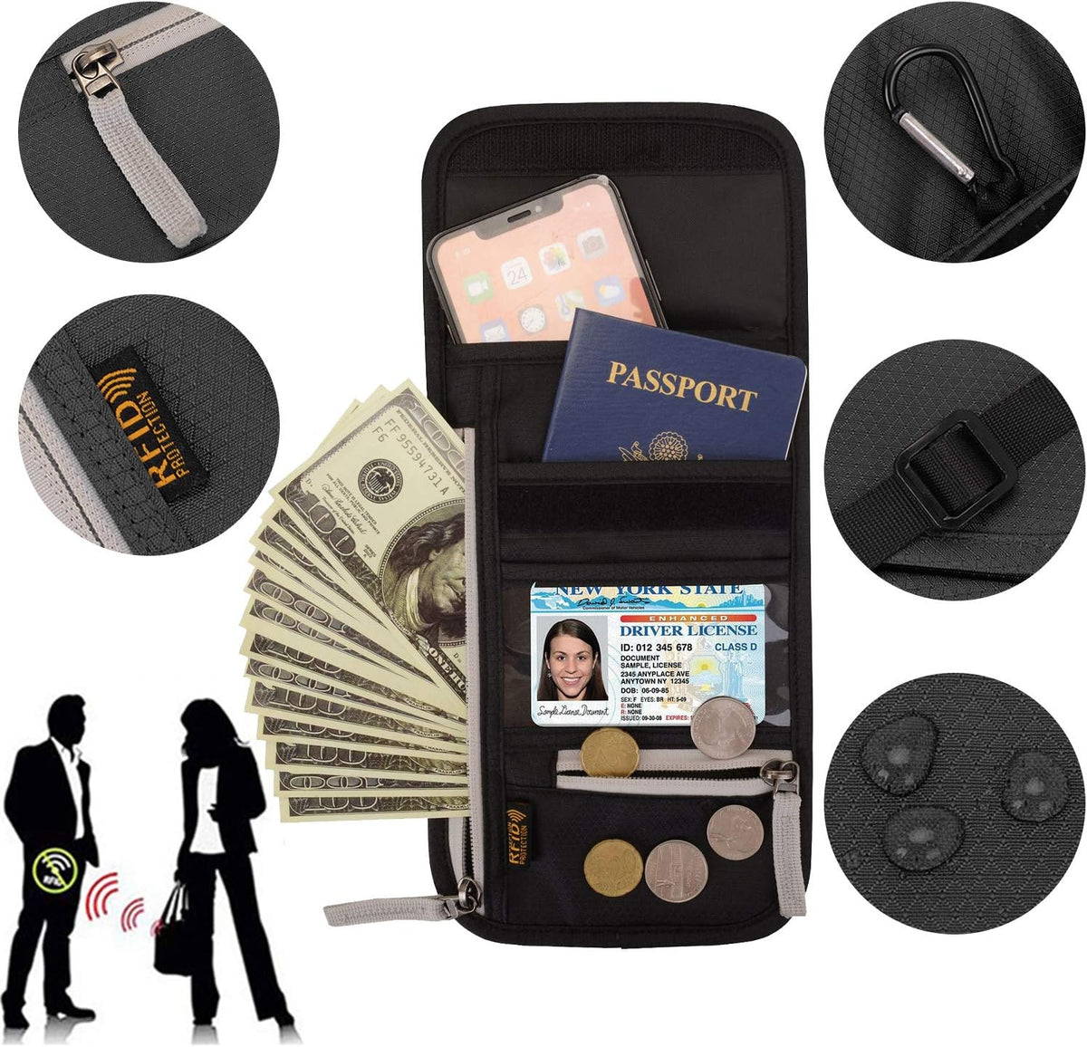 Peicees RFID Blocking Travel Neck Wallet for Men Women Family Passport Holder Lanyard Neck Pouch Slim Travel Document Holder