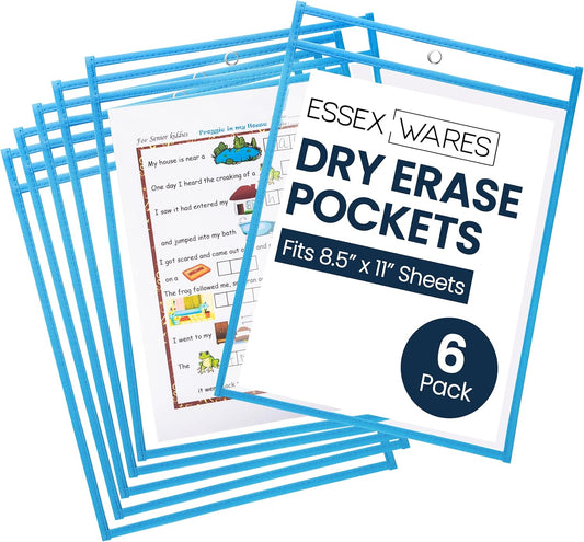 Essex Wares - 6 Pack, Sky Blue, Water-Resistant Dry Erase Pocket Document Protectors, 10" Wide x 13.5" Tall - Dry Erase Clear Plastic Sleeves - Reusable & Easy Erase Plastic Invoice Holders