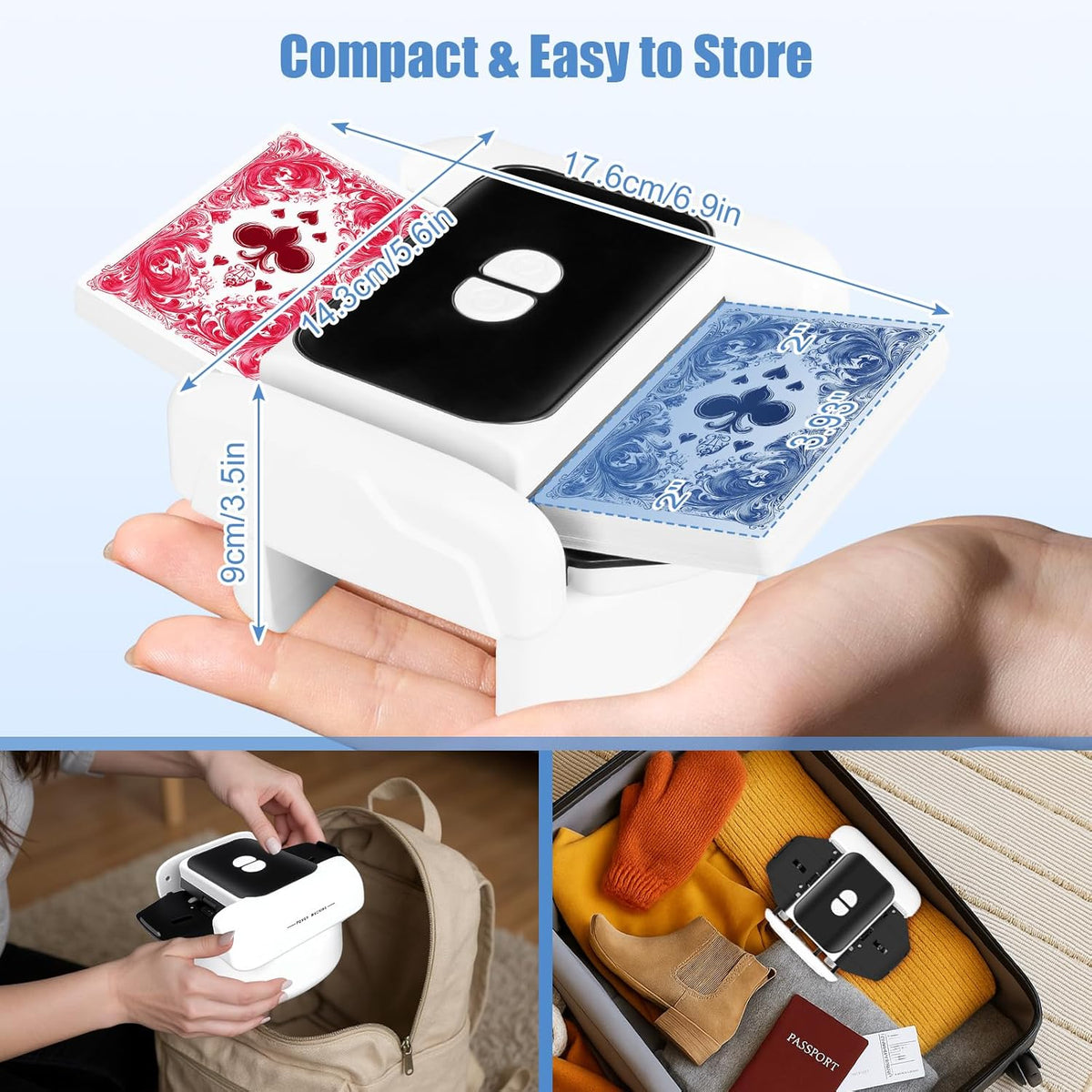BEE&FLOWER Card Shuffler Rechargeable Automatic Shuffler Low Noise Fast Shuffle for 1–2 Decks with Auto/Manual Modes Compatible with Poker, Blackjack, Texas Hold’em, Bridge, Popular Card Games