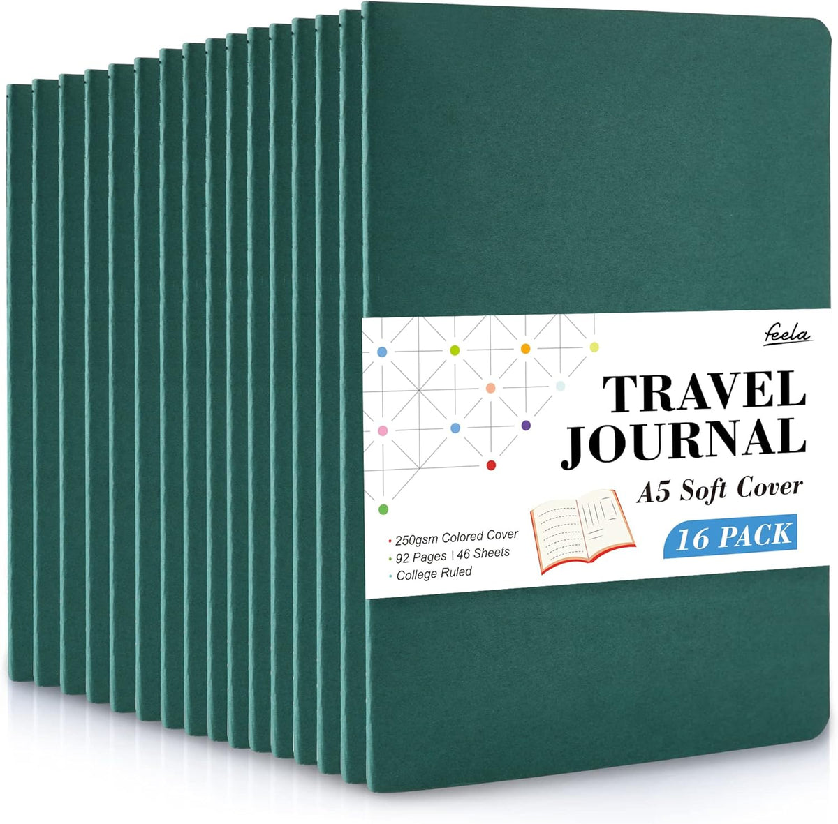 16 Pack Soft Cover Journal Bulk, Feela Lined Notebooks College Ruled for Work for Women Girl Writing, Blank Travel Journal Note Taking Notebook School Business Supplies, 8.2” x 5.5”, A5, Dark Green