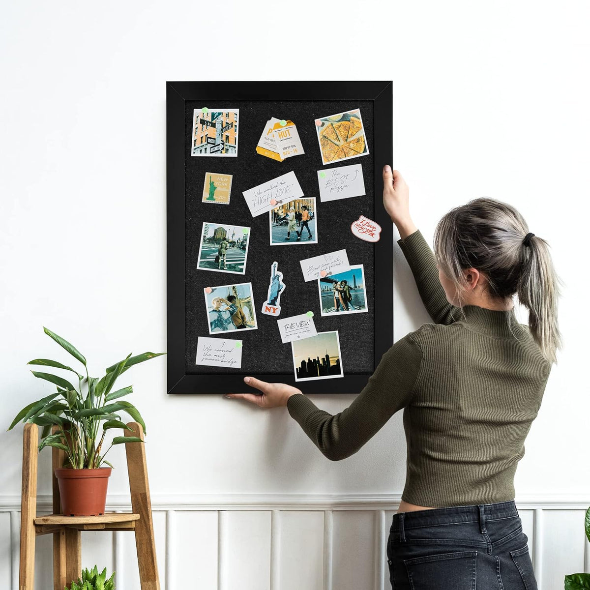 Board2by Black Cork Board Bulletin Board with Linen, Wood Framed 24" x 18" Corkboard, Office Board for Wall Decor, Wall Mounted Pin Board Picture Board with 20 Pushpins for School, Home & Office