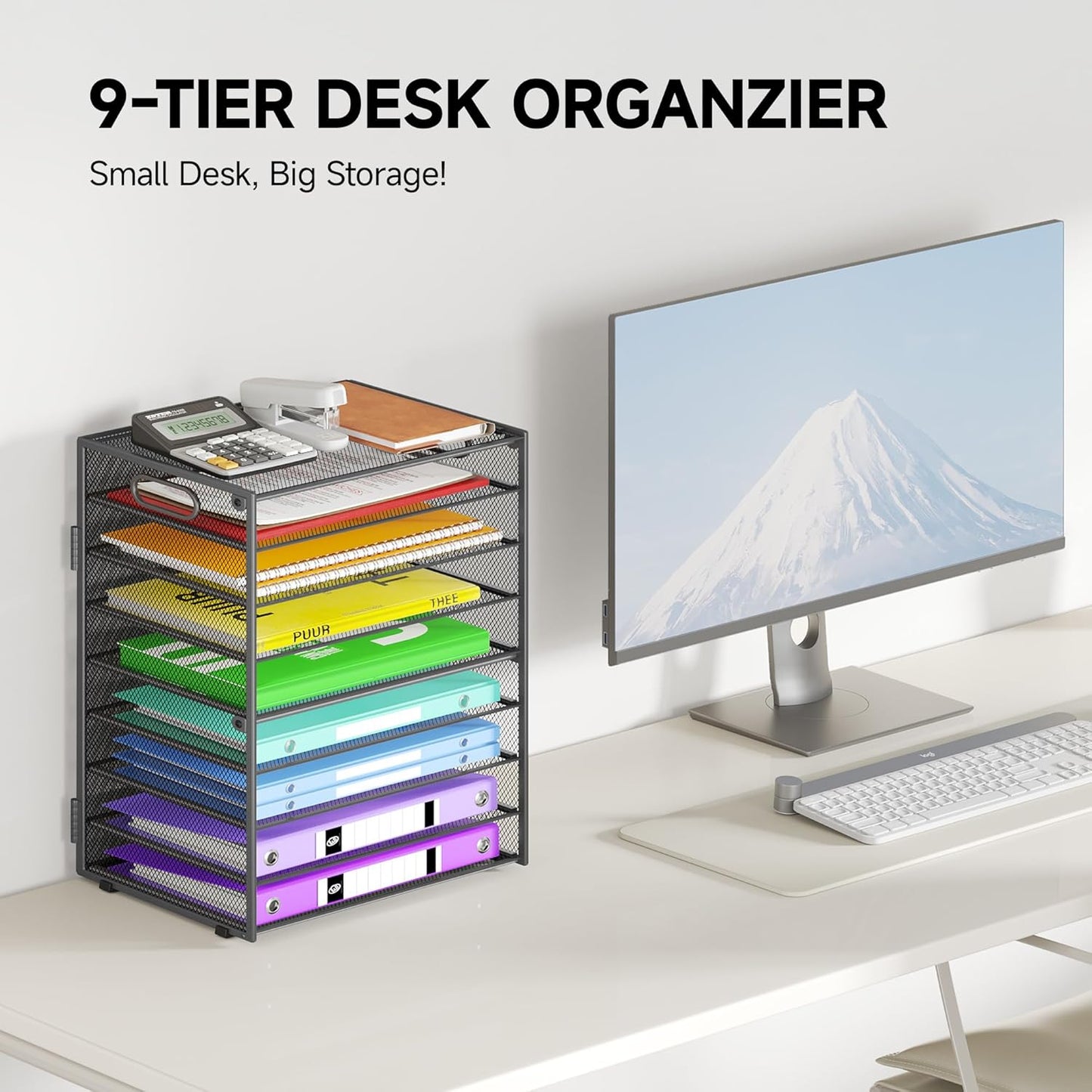 9 Tier Paper Organizer with Handle, Large Capacity Desk Organizer Mesh File Folder Letter Paper Tray Desktop Document Sorter for Classroom, School, and Office Accessories Organization - Grey