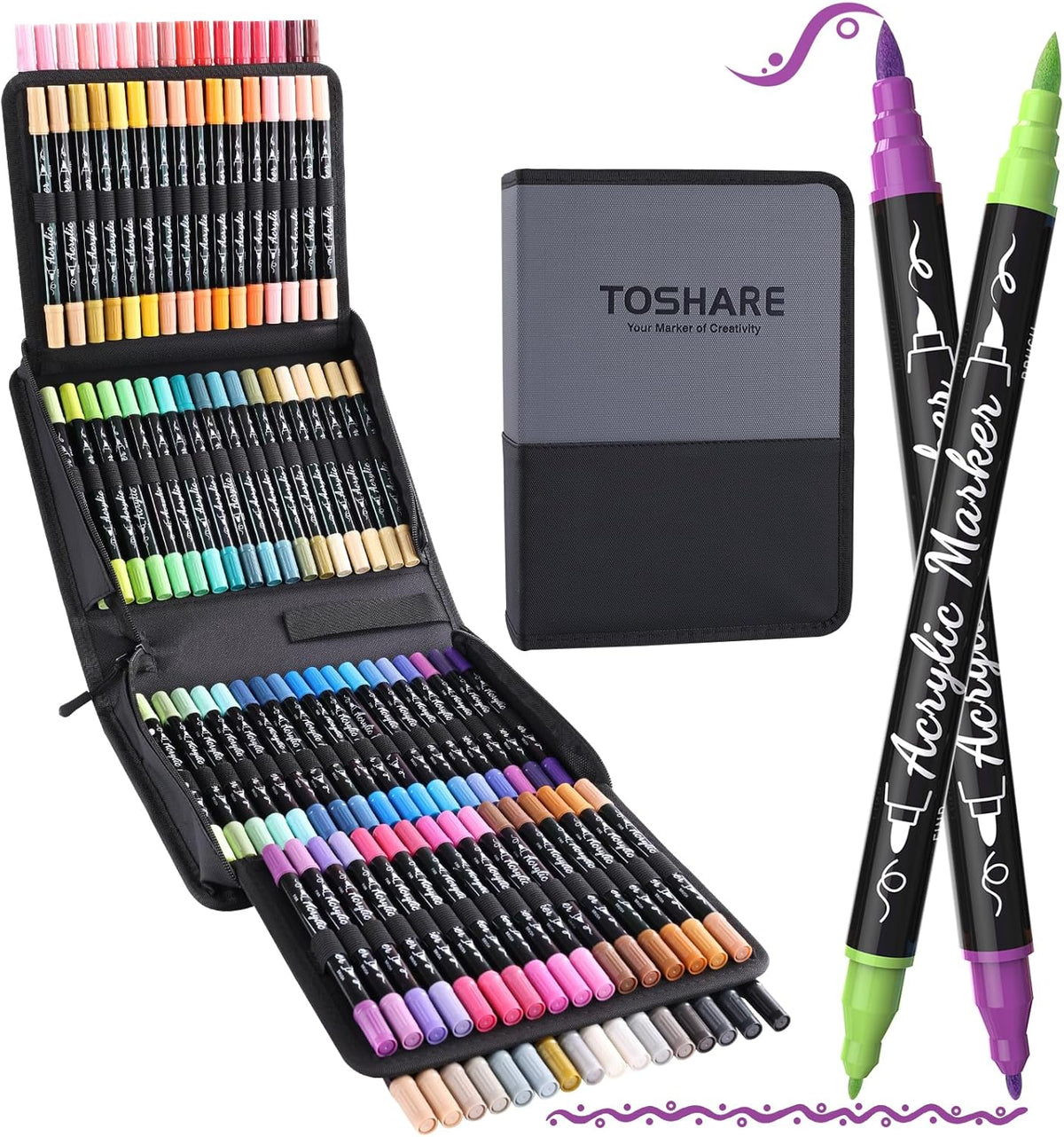 TOSAHRE Acrylic Paint Pens Markers 100 Colors Waterproof Dual Tip Acrylic Markers Set with Brush & Fine Tip Coloring Pens for Rock Painting Wood Scrapbook Fabric Glass Ceramic DIY Craft Art Supplies