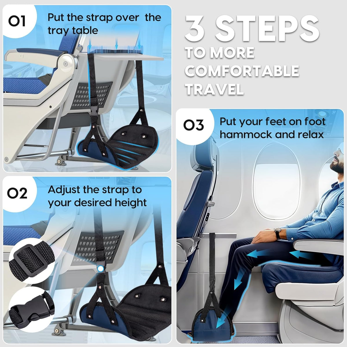 Foot Hammock for Plane Travel, 2-Pack Perfect Airplane Foot Hammock to Relax Your Feet, Portable Airplane Foot Rest with Adjustment Strap, Travel Essentials for Comfortable Long Flight (Blue)