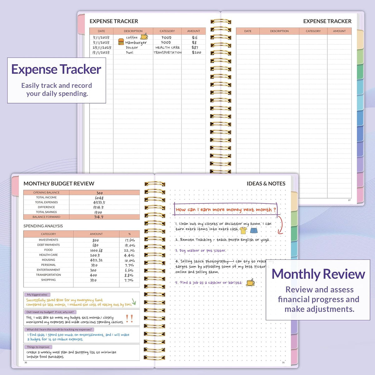 SUNEE Budget Planner - Monthly Budget Book with Expense Tracker Notebook, Undated 12 Month Bill Organizer & Finance Planner to Manage Your Money, A5(6.4" x 8.3") Account Book with Colorful Tab, Purple