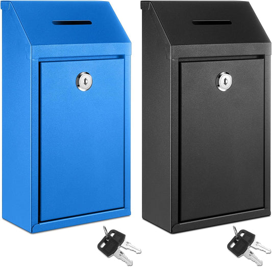 2 Pack Metal Suggestion Boxes with Lock Keys Ballot Donation Boxes with Slot for Fundraising Wall Mounted Mailbox Delivery Container for Home Office Outdoor Door, 10.2x5.7x2.95in(Black, Blue)
