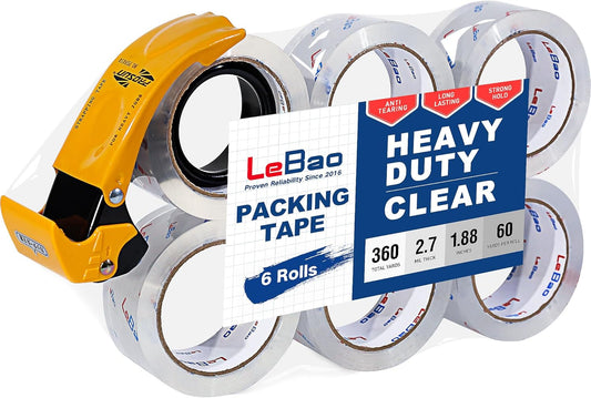Heavy Duty Packing Tape with Metal Dispenser, Strong HD Clear Packaging Tape, 6 Rolls 1.88 in. x 60 yd. x 2.7MiL, Secure Sealing for Cardboard, Moving Boxes & Shipping Supplies