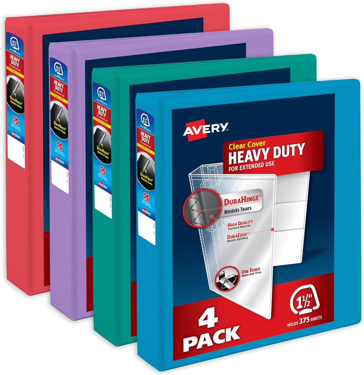Avery Heavy-Duty View 3 Ring Binders, 1.5 Inch One Touch Slant Rings, 375-Sheet Capacity, Assorted Bright Colors, 4-Pack (79633) – for School, Office, Teachers, Classrooms & Home Organization
