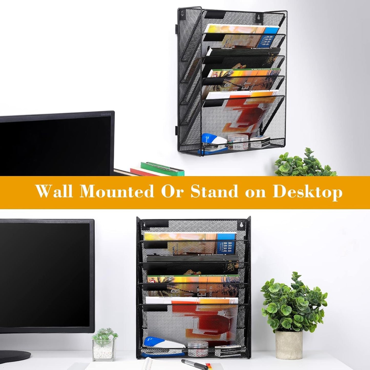 EasyPAG Wall File Holder Organizer 6 Tier Mesh Hanging Wall Mounted Document Paper Folder Filing Magazine Rack with Nametag Label for Office Home School, Black