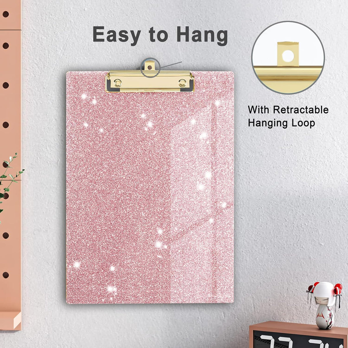 Glitter Acrylic Clipboard Decorative Standard A4 Letter Size 12.2" x 8.7", Fashion Bling Clip Boards with Designed Low Profile Gold Clip for Classroom Office - Rose Gold