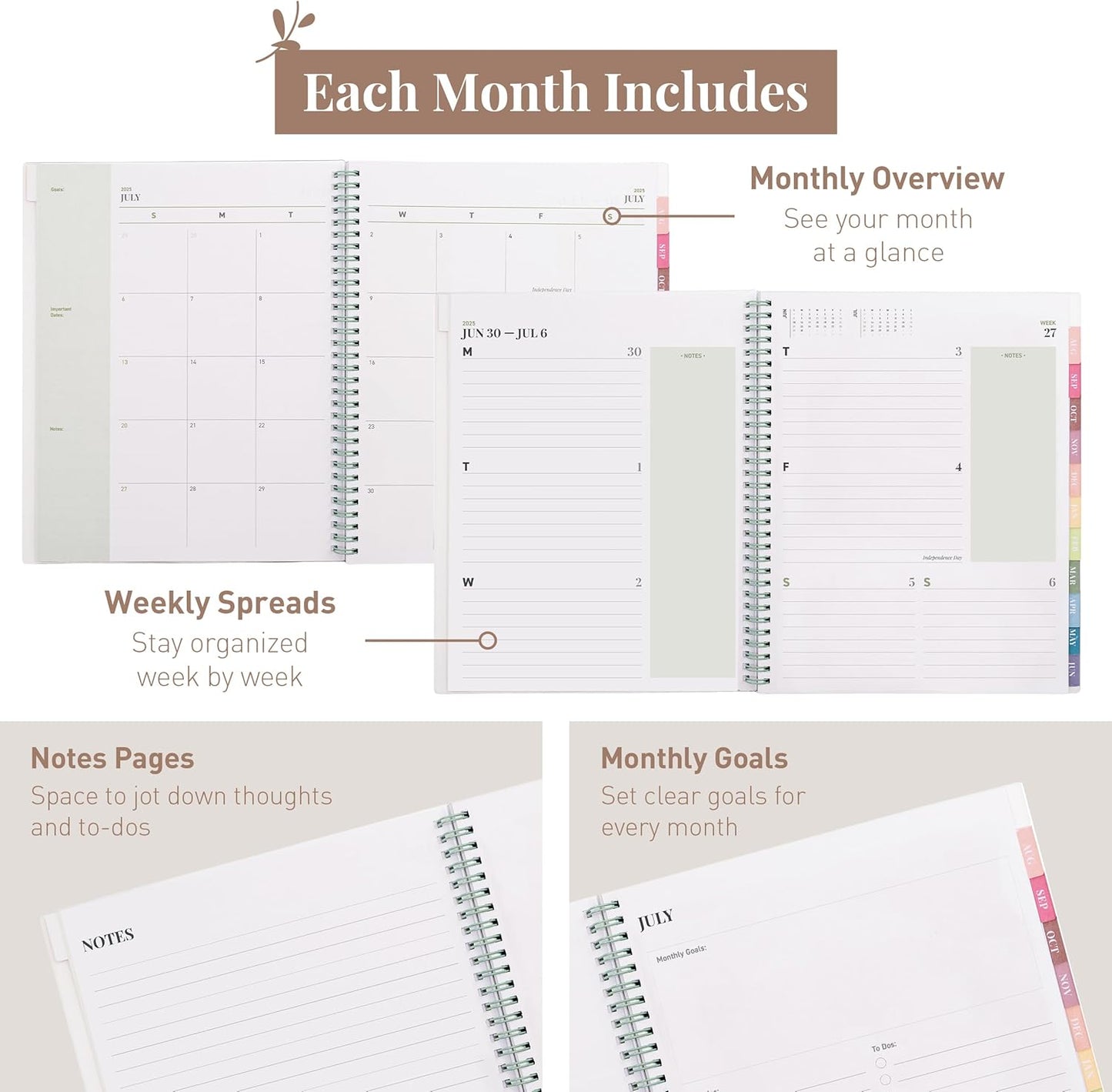 Rileys Academic Planner 2025-2026, Daily, Weekly & Monthly Planner, July 2025 - June 2026, Student Notes Pages, Twin-Wire Binding, Weekly Agenda for School & Work (8.5 x 11-Inches, Green, Typographic)
