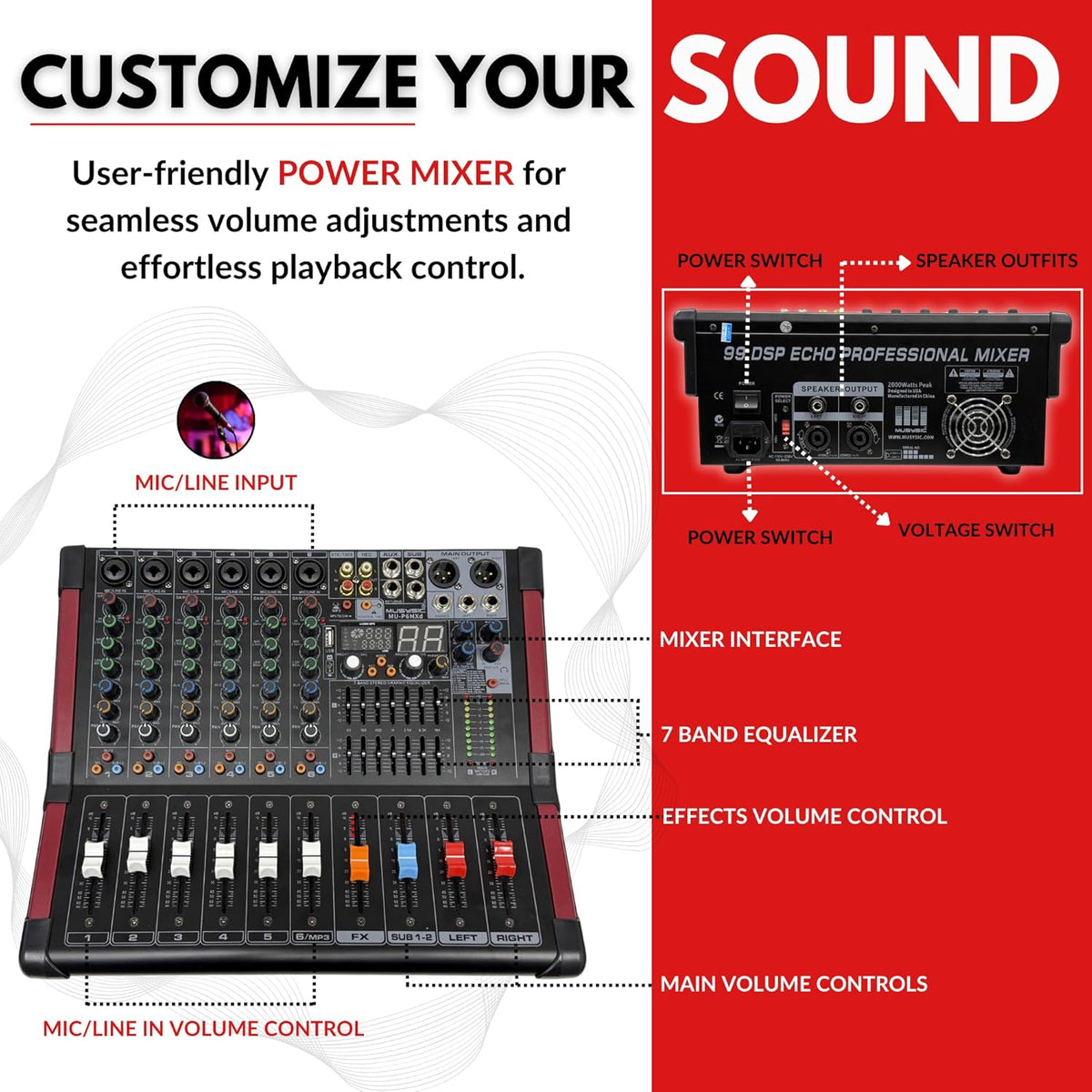MUSYSIC Portable PA System with Wireless Microphone and Speakers – 6 Ch Audio Mixer with Built-in 2000W Amp & Wireless UHF Microphone System, Multiple Inputs, Complete w/Stands - 15" Speaker 1200W