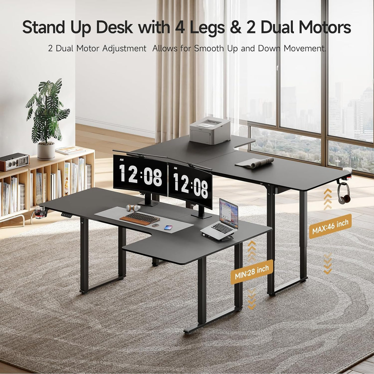 L Shaped Standing Desk, 71x43 Inches Electric L Stand Up Desk with 4 Legs, Dual Motor and Memory Controller, Adjustable Height from 28-46 Inches for Home and Computer Workstation, Black