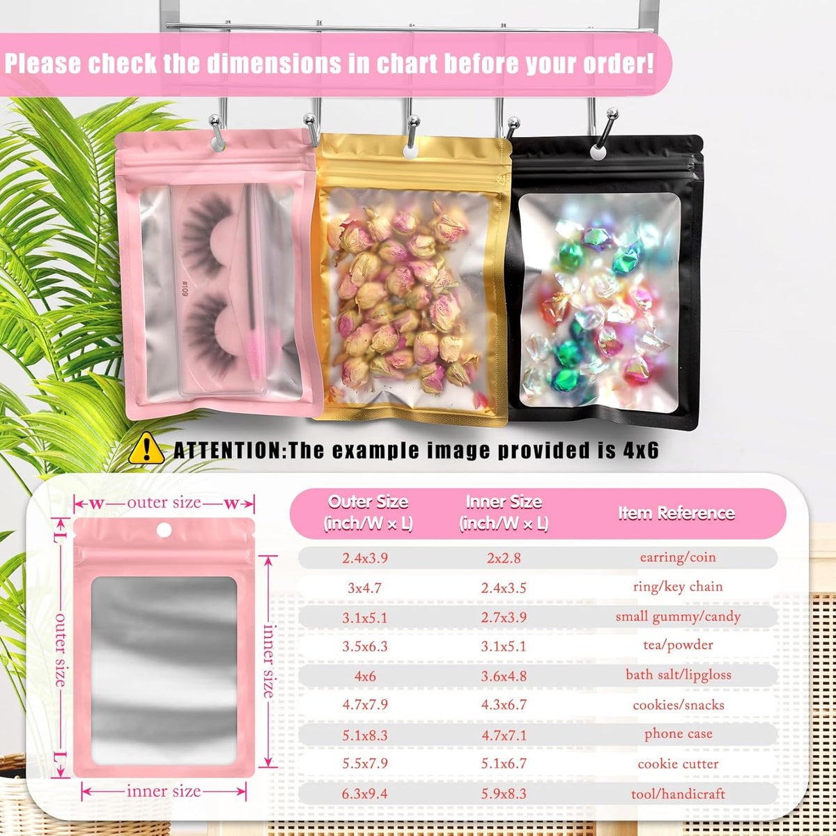FUNFERY 100 Pack Mylar Resealable Bags Foil Packaging Bags with Clear Window,Zipper Pouch Smell Proof Bag for Food Storage,Cookies,Sample,Small Business(Pink,2.4x3.9inch)