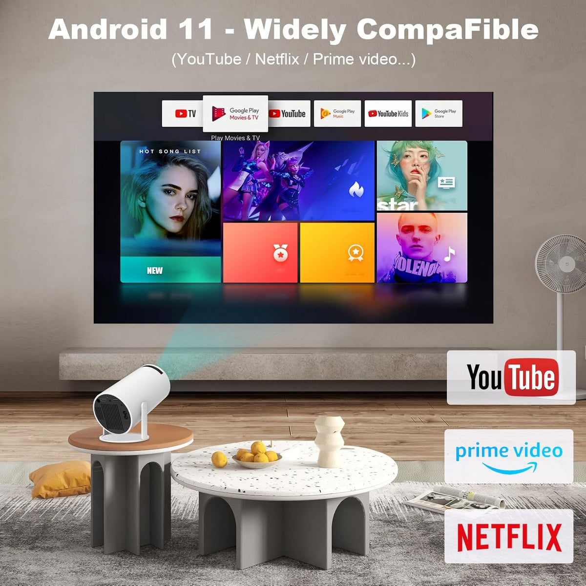 Mini Projector,Equipped with Dual Band WiFi 6 and Bluetooth 5.0,Supports 4K 1080P Resolution Portable Projector,180 ° Rotatable,Compatible with Android 13/30-200 Inches/HDMI/USB