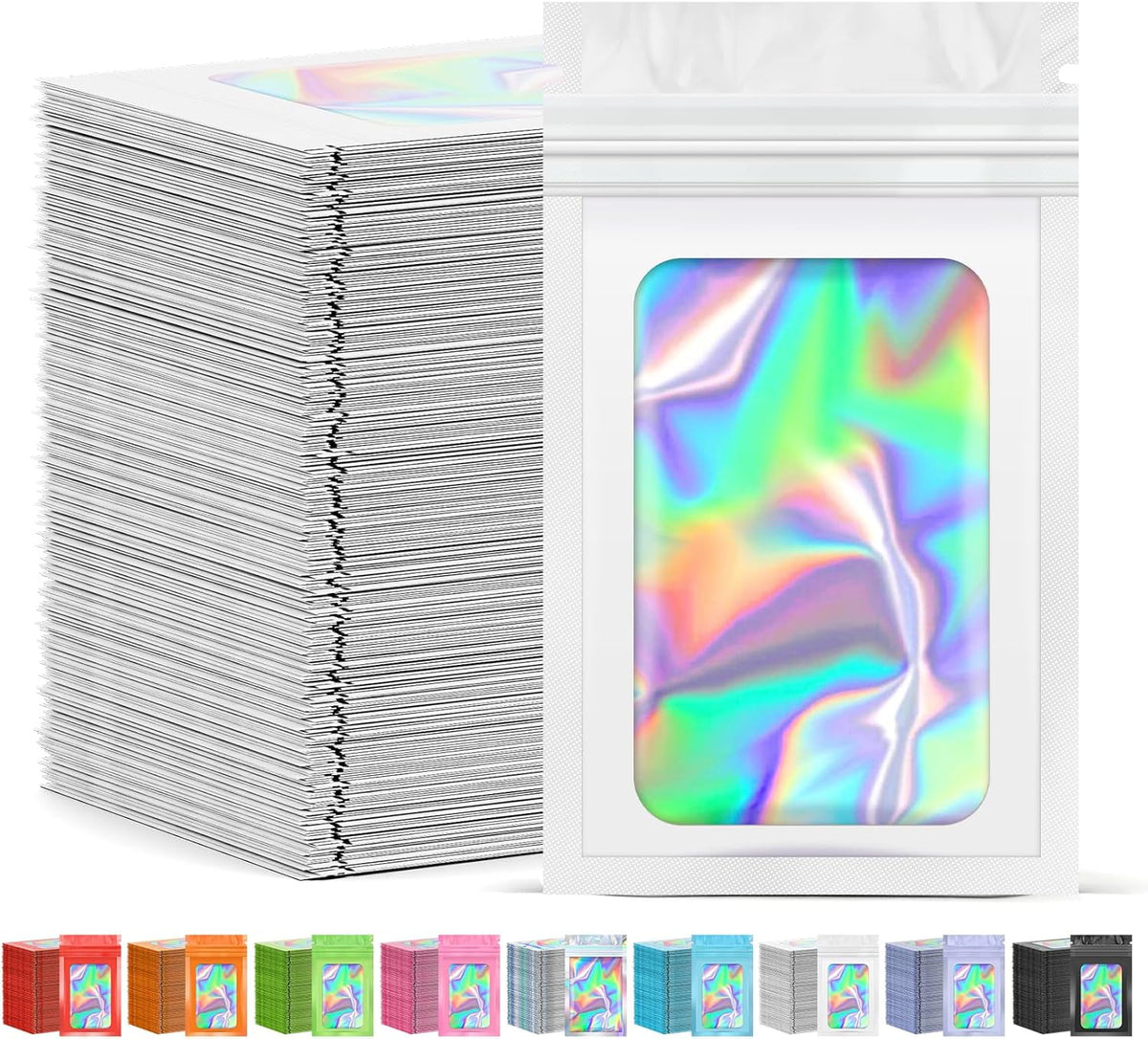 300 Pcs Mylar Bags, Smell Proof Bags Foil Pouch, Holographic Resealable Bags for Small Business, Candy Sample Jewelry Bag Sealable Packaging for Party Favor Food Storage (2.4x3.9in-White)