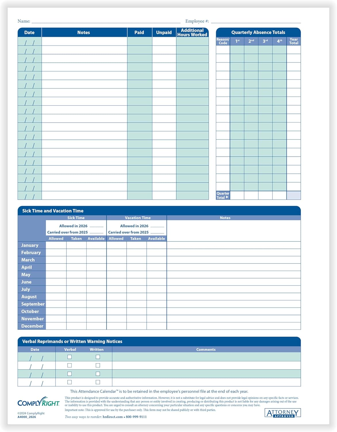 2026 Attendance Calendar Card, White, Pack of 50