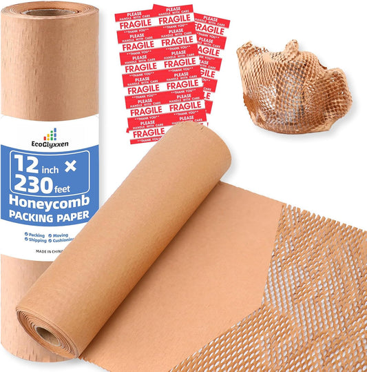 Honeycomb Packing Paper 12"Wx230'L-Bubble Wrap Substitute Alternative for Shipping, Moving Supplies, Small Business Packaging, Packing Boxes & Gifts Wrapping Paper with 20 Fragile Stickers