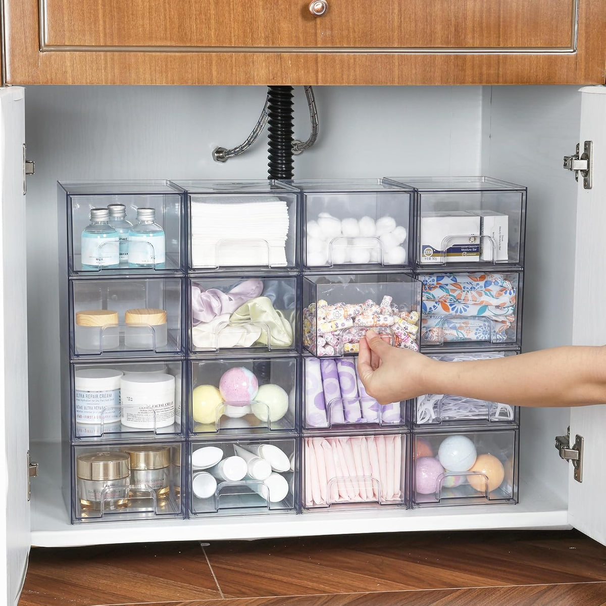 Vtopmart 6 Pack Clear Stackable Storage Drawers, 4.4'' Tall Acrylic Bathroom Makeup Organizer,Plastic Storage Bins For Vanity, Undersink, Kitchen Cabinets, Pantry, Home Organization and Storage