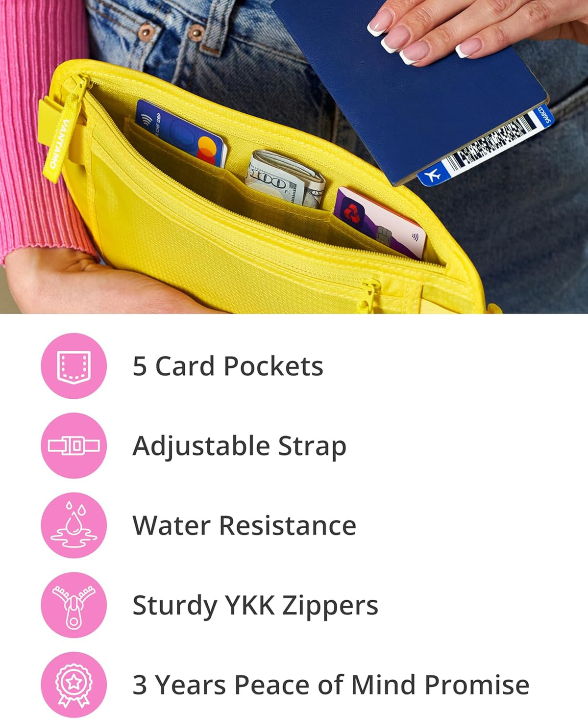 Vantamo Hidden Money Belt For Extra Safety, RFID Ultra-Thin Fanny Pack, 2 Compartment Money Bag Fits Passport & Phone