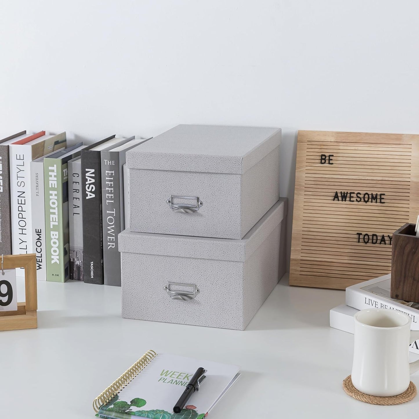 Soul & Lane Decorative Cardboard Storage Boxes with Lids, Set of 2 Stacking Keepsake Photo and Memory Boxes for Home & Office, Paperboard Organizers with Label Holders and Drawer Pulls, Cloud Gray