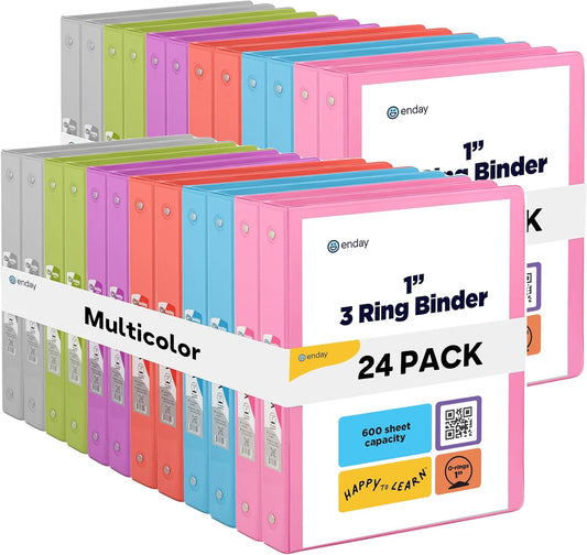 3 Ring Binder 1 Inch, 1” Clear View Cover with 2 Inside Pockets Round Ring Binder, Colored School Supplies Binders, in Grey, Pink, Blue, Purple, Green, and Red, Multicolor (24 PC) – by Enday