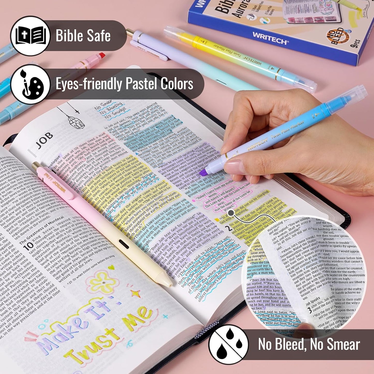 WRITECH Bible Mate Journaling Set: No Bleed Aesthetic Highlighters & 1.0 mm Black Ballpoint Pens, Bible Safe Dual Tip Highlighters, Pastel Colors, Fast-drying Ink, Journaling Kit, 9ct